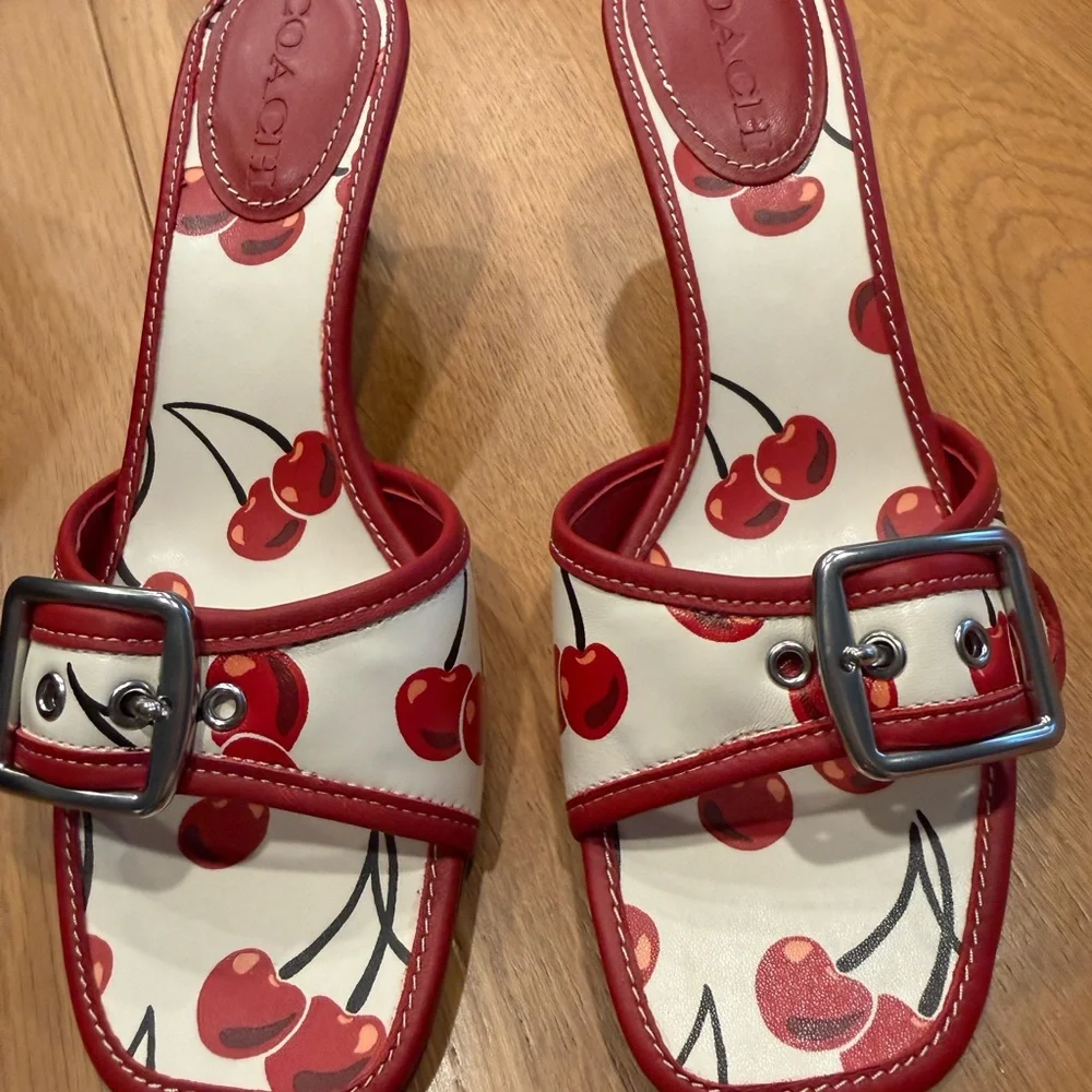 Coach Red and Cream Cherry Print Slide Sandals - Picture 1 of 6